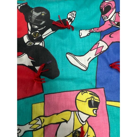 Vintage 1989 Power Rangers 82” x 41” Hand Made Tied Quilt Red Blue Twin Coverlet - Picture 8 of 11